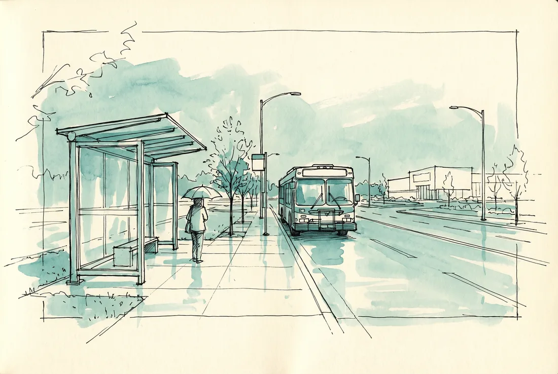 Ink-and-wash sketch of a bus shelter on a wide suburban boulevard on a drizzly day