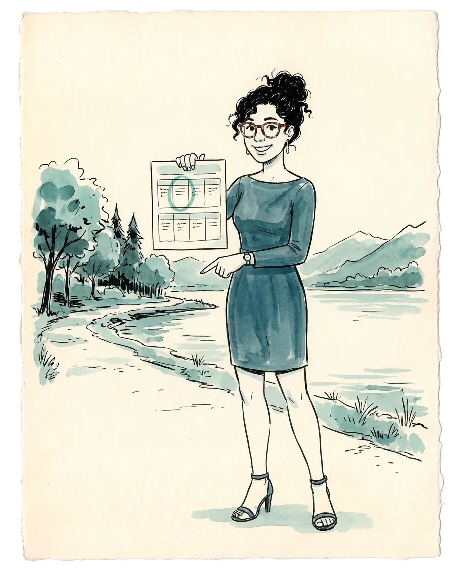 Tessa Kowal, l'animatrice dessinée du feuillet, en robe de soirée sarcelle, tient le feuillet des événements de la semaine, un jour encerclé, et le pointe du doigt, près d'un sentier au bord d'un lac.