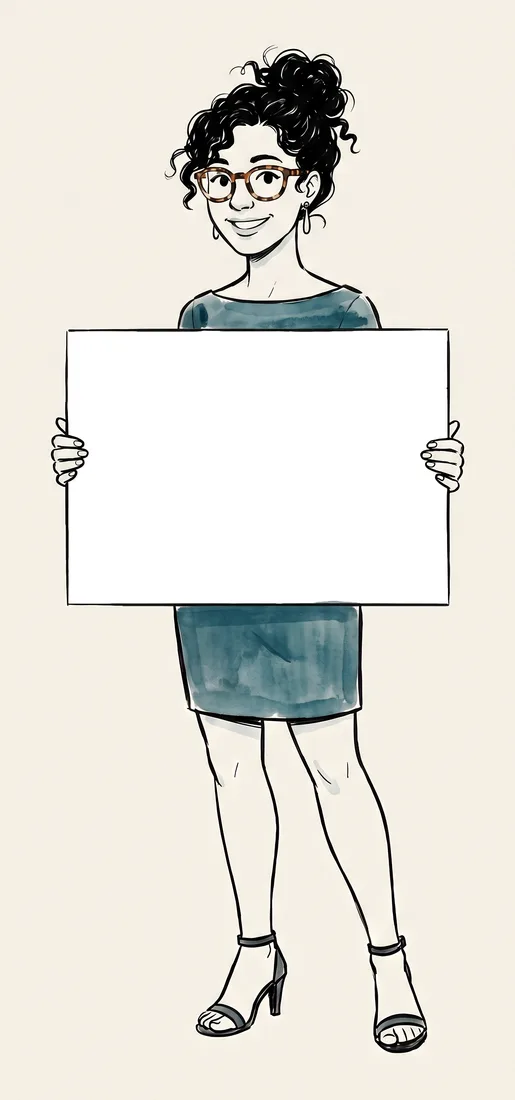 Dessin à l’encre et au lavis de Tessa Kowal, l’animatrice dessinée du feuillet, tenant une affiche où on lit 24 h ven. au dim., lun. au jeu., 10 h à 4 h