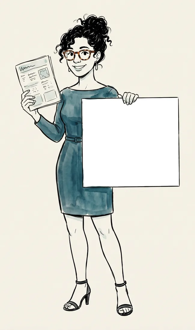 Dessin à l'encre et au lavis de Tessa Kowal, l'animatrice dessinée du feuillet, qui tient une affiche où l'on lit Ouvert 24/7, tel qu'indiqué