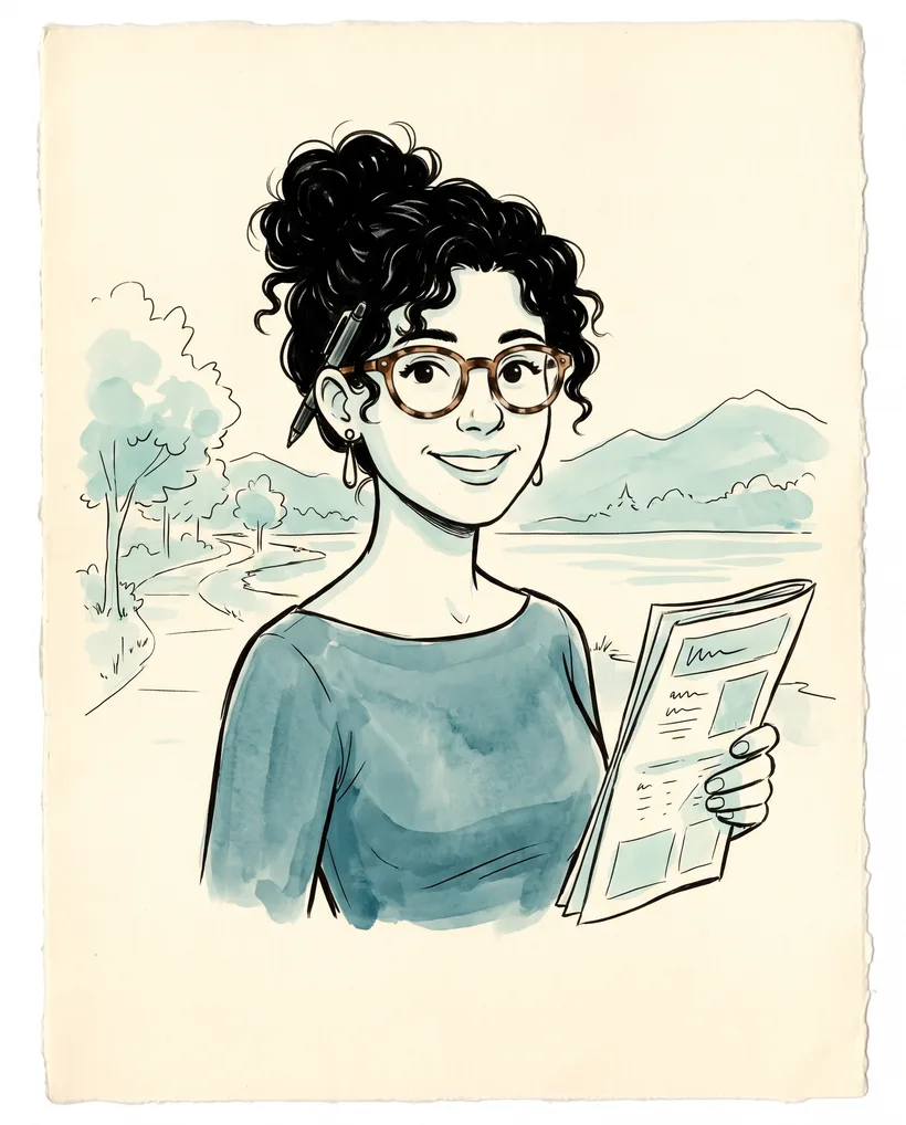 Dessin en buste à l’encre et au lavis de Tessa Kowal, l’animatrice dessinée du feuillet, qui tient le feuillet de la semaine.