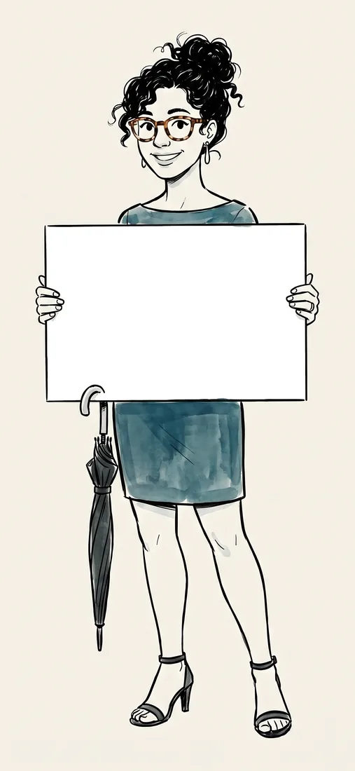 Dessin à l’encre et au lavis de Tessa Kowal, l’animatrice dessinée du feuillet, qui tient une affiche où on lit Terminus d’autobus, juste à côté