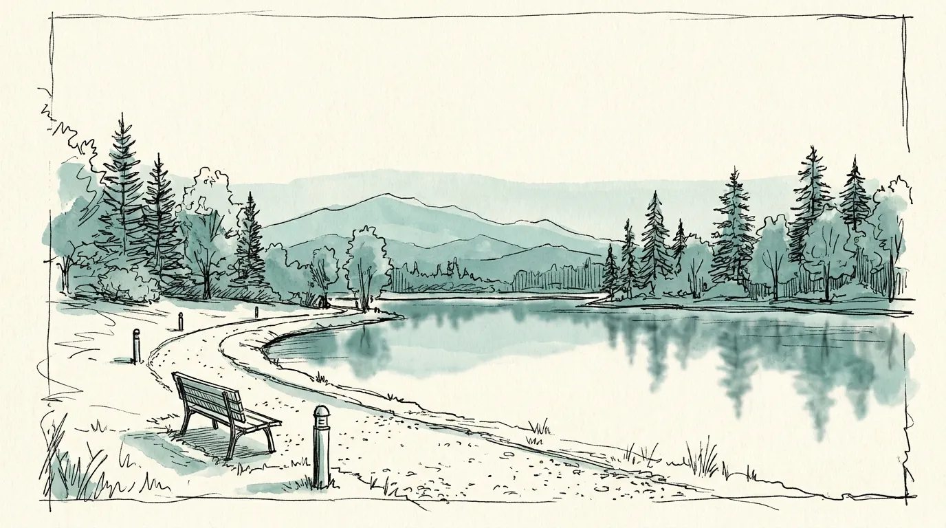 Ink-and-wash drawing of Lafarge Lake in the evening, with a path and a bench