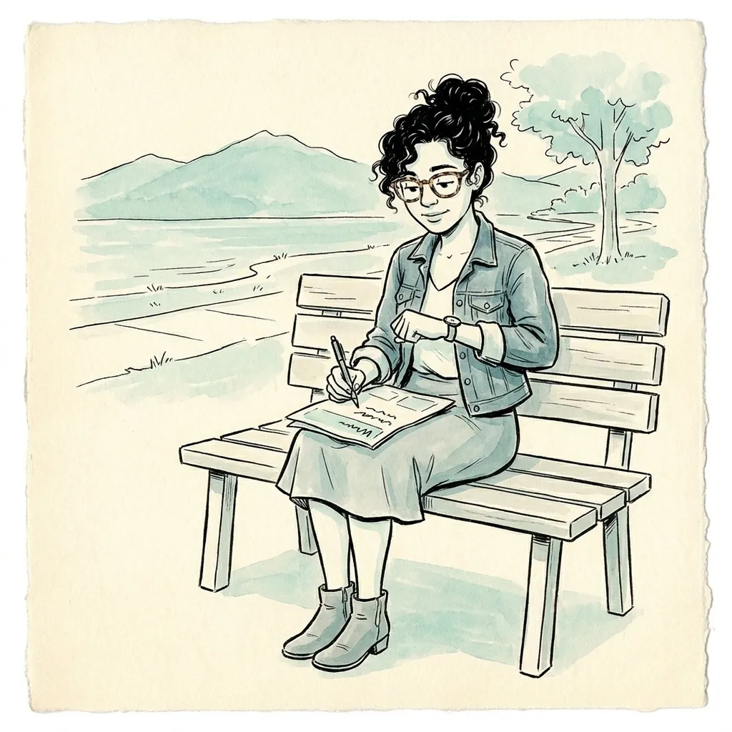 Ink-and-wash sketch of a woman on a lakeside bench writing an amount and a time on a note