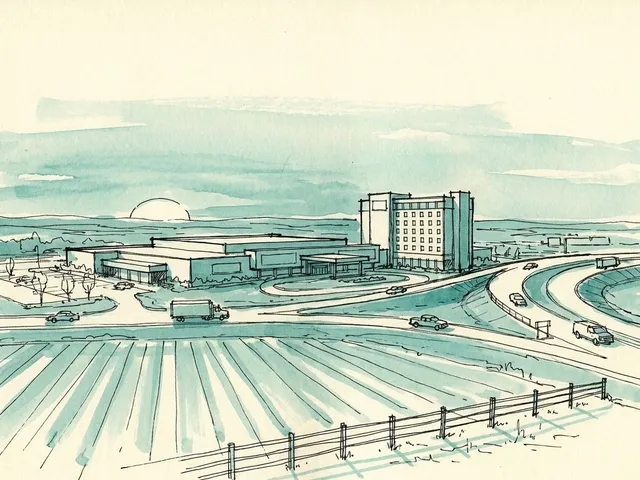 Croquis à l'encre et au lavis d'un casino bas et d'un bloc hôtelier au bord d'une route, sur des terres agricoles plates, dessiné comme une impression générale