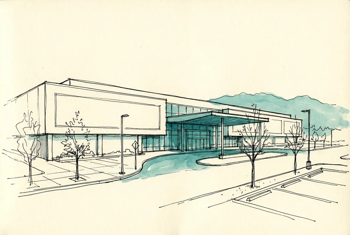 Pencil sketch of a casino entrance with a canopy and parked cars
