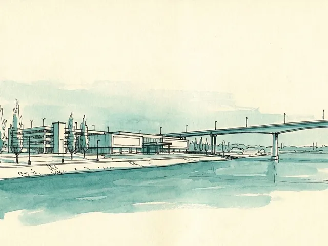 Croquis à l'encre et au lavis d'un long casino bas et d'un garage étagé au bord d'une rivière, avec un pont routier à l'arrière, dessiné comme une impression générale