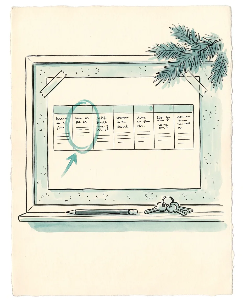 Ink-and-wash drawing of a weekly events flyer pinned to a cork board, one day circled in teal, with a pencil and keys on the ledge.